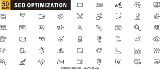 SEO optimization editable outline icon set. Keywords, rankings, backlinks, content strategy, analytics, growth tools, and more .