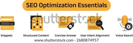 SEO Optimization Essentials. Icons included: Snippets, Concise Answer, Structured Content, User Intent Alignment, Voice Search.