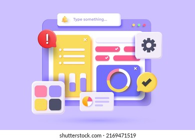 Seo Optimization, financial report chart, data analysis, and web development concept. Web page with data chart. 3D vector illustration