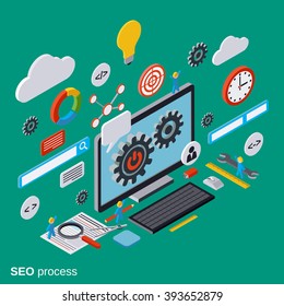 SEO optimization flat 3d isometric vector concept illustration.