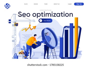 Seo-Optimierung flache Landing-Seite. Analytics Team sorgfältig studieren Informationen mit großer Lupe Glas Vektorgrafik. Suchmaschinenoptimierung Webpage Komposition mit Personen-Zeichen.