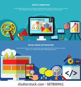 Seo optimization horizontal banners set with flat internet search with maintenance symbols and computer network images vector illustration