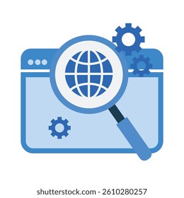 SEO Optimization Icon with Browser Window, Magnifying Glass and Gears – Flat Design