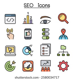 SEO and Optimization icon set in color line style