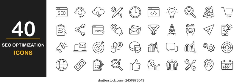 SEO optimization icon set. Search engine optimization. Contains such icons as search engine optimization, target, keywording and content development and more. Vector illustration