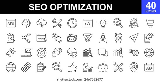 SEO optimization icon set. Search engine optimization. Contains such icons as search engine optimization, target, keywording and content development and more. Vector illustration