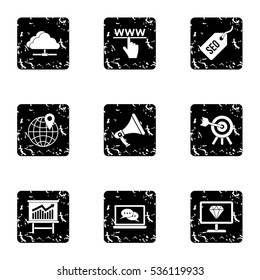 SEO optimization icons set. Grunge illustration of 9 SEO optimization vector icons for web
