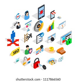 Seo optimization icons set. Isometric set of 25 seo optimization vector icons for web isolated on white background