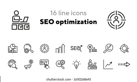 SEO optimization icons. Set of line icons. Achieving results, brand manager. SEO concept. Vector illustration can be used for topics like internet, marketing