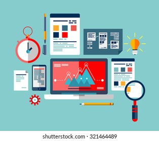 SEO optimization icons set, programming process and web analytics elements. The process of creating and implementing ideas.