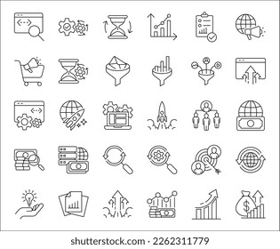 SEO optimization icons set, such as web browser, gear, analytic, etc. SEO concept, best used for website or business presentation, editable stroke