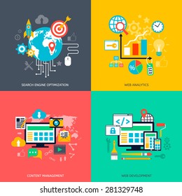 SEO optimization icons. Web development, internet marketing, web design, tags, target strategy, analysis