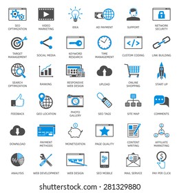 SEO optimization icons. Web development, internet marketing, web design, tags, target strategy, analysis