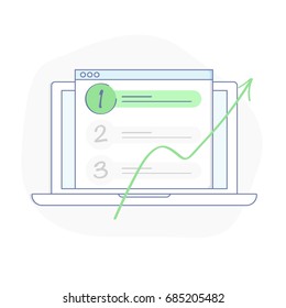 SEO Optimization Illustration Concept, Browser Window And Ranking Sites In Search Results Of Web Search Engine. Search Engine Optimization Illustration In Flat Line Isolated Vector.