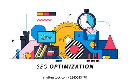 SEO Optimization. Illustration in memphis style. Big gear, timer, keywording.
