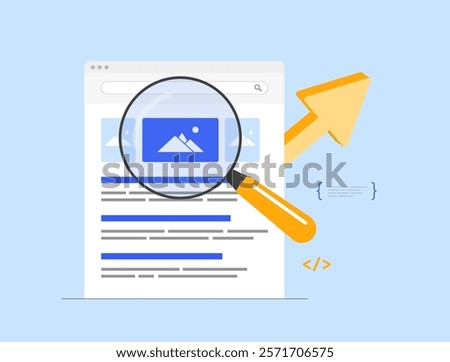 SEO Optimization for Image Search. Enhance visibility in image search by using optimized alt tags, descriptions and metadata. Search results with highlighted seo image. Isolated vector illustration