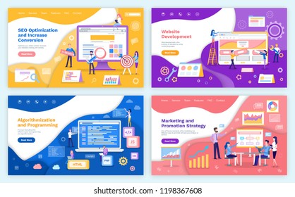 SEO optimization increase of conversion web pages set with text sample vector. Algorithmization and programming with html, php and css, js coding