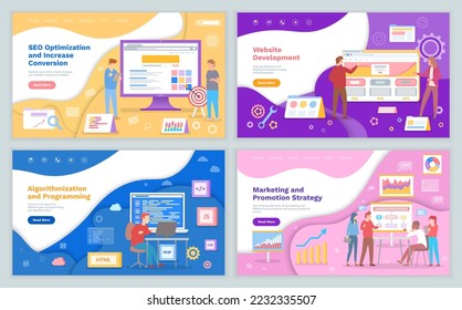 Seo optimization and increase conversion, Website development, Algorithmization and programming, Marketing and promotion strategy landing page template set. Innovative ideas for business promotion
