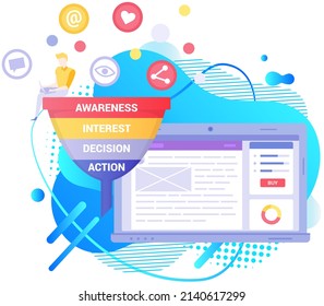 Seo optimization, increasing efficiency factor of webpage, business marketing technology, social media, search engine analysis concept. Sales funnel with stages of customer behavior on website