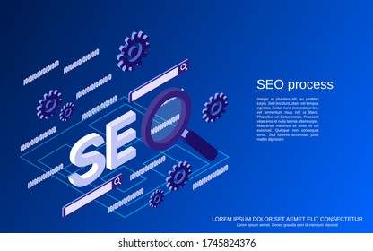 SEO optimization, information search, data analysis flat 3d isometric vector concept illustration