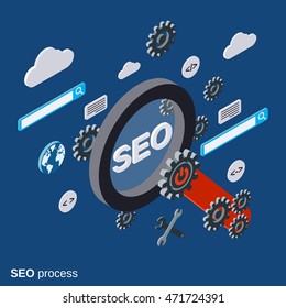 SEO optimization, information search, data analysis flat isometric vector concept illustration
