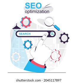 Optimización de sesión aislada concepto de dibujos animados. Establecimiento de motores de búsqueda, promoción de sitios de estrategia, escena de personas en diseño plano. Ilustración vectorial para blogs, sitio web, aplicación móvil, materiales promocionales.