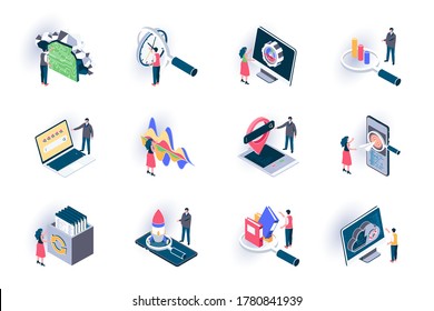 SEO optimization isometric icons set. Digital marketing, research and strategy planning, traffic analysis flat vector illustration. SEO technology 3d isometry pictograms with people characters.