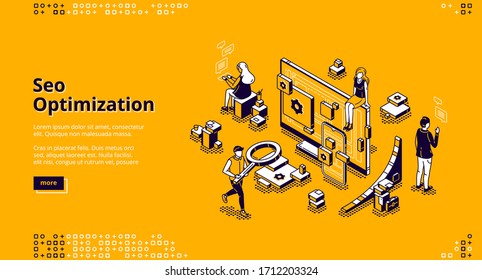 SEO optimization isometric landing page. Technology for internet marketing and digital business content. Tiny office people around of huge computer desktop, workflow 3d vector line art web banner