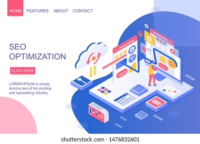 SEO optimization isometric vector landing page template. Digital marketing tool webpage design layout. Web development and website customization services 3d concept. Programming, IT industry