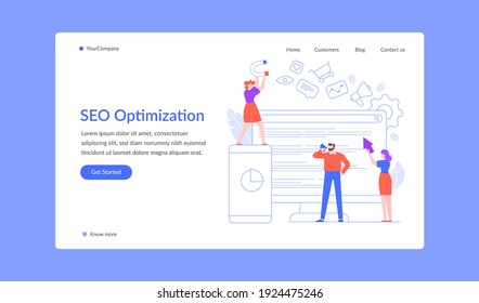 SEO optimization landing page, team work with content. Vector seo strategy, people management, teamwork analytics conversion illustration