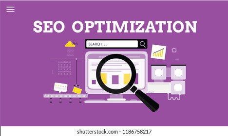 SEO optimization. Landing page template. Modern flat design concept of   web page  with desktop computer and magnifying glass. Online search