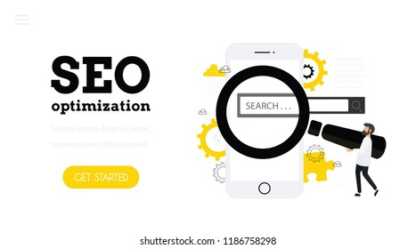 SEO optimization. Landing page template. Modern flat design concept of   web page  with smartphone, man and magnifying glass. Online search
