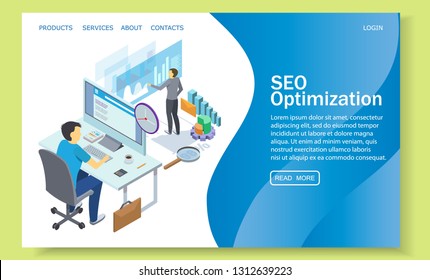 SEO optimization landing page template for website and mobile site development. Vector isometric illustration. Web analytics, Search engine optimization web page concept.