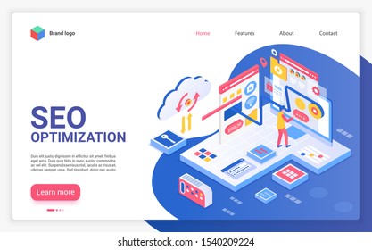 SEO optimization landing page vector template. Modern internet marketing website homepage interface layout with isometric illustration. Advertising business, online promotion web banner 3D concept