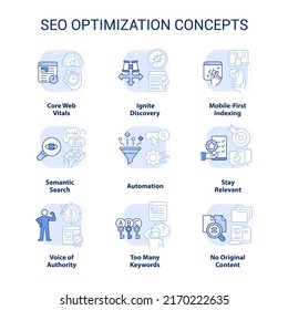 SEO optimization light blue concept icons set. Internet marketing. Website promotion idea thin line color illustrations. Isolated symbols. Editable stroke. Roboto-Medium, Myriad Pro-Bold fonts used