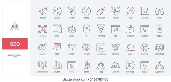 SEO optimization line icons set. Web traffic statistics and analytics of algorithm, content search, support with magnet and filter of sales thin black and red outline symbols vector illustration