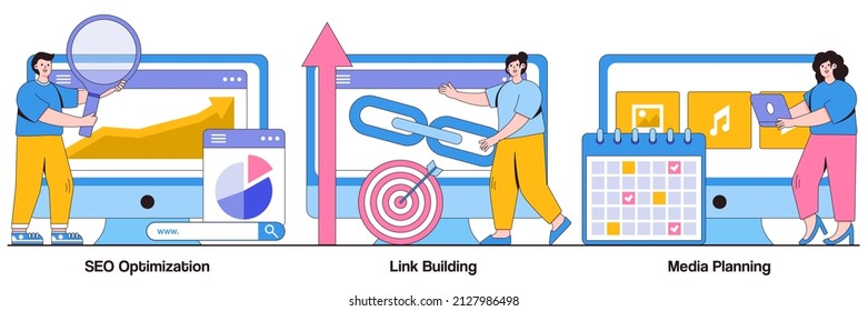 SEO optimization, link building, media planning concept with people characters. Internet business development abstract vector illustration pack. Networking strategy, task management metaphor.