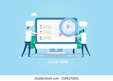 SEO optimization for Local business, Search engine business reviews, Local listing on search result - flat design vector illustration with icons and characters