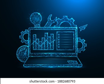 SEO optimization low poly art. Laptop, gears, light bulb, speedometer, repair and analytics polygonal vector illustration on a blue background.