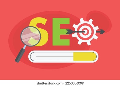 SEO optimization - Magnifying glass, darts, graph on the red background 2d vector illustration concept for banner, website, illustration, landing page, flyer, etc