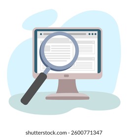 SEO Optimization A magnifying glass over a webpage with a search bar.