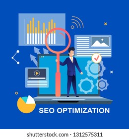 Seo Optimization. Man with Magnifier on Laptop. Around Different Graphics accelerate Work and Increase Productivity. Visiting Internet Resource and User Engagement. Flat Vector Banner. 
