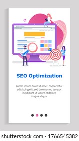 Seo optimization, man and woman workers researching with computer, loupe equipment, monitor with site, people communication with pc, device vector. Website or app slider, landing page flat style