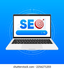 SEO Optimization for marketing social media website. Seo interface for research analysis. Seo strategy. Vector illustration.