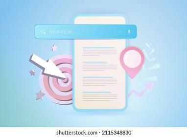 SEO Optimization Marketing Strategy  Local Search 3d vector illustration  SEO Search bar webpage   results smartphone  and target   local pin location icon smooth blue gradient background