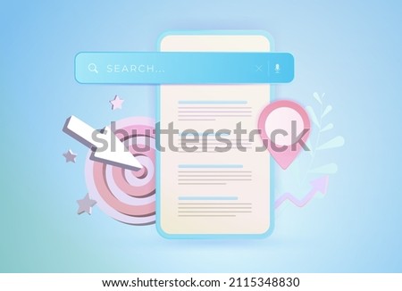 SEO Optimization Marketing Strategy, Local Search 3d vector illustration. SEO Search bar webpage and results on smartphone, with a target and local pin location icon on smooth blue gradient background