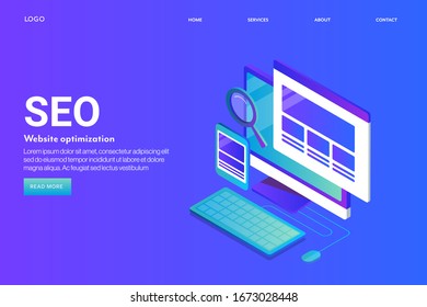 Seo optimization, SEO marketing, Website SEO, Mobile SEO -conceptual isometric vector landing page with icons