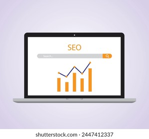 SEO optimization for marketing website on laptop concept. seo interface with diagram for website strategy and research planing in laptop computer. seo strategy vector icon render illustration