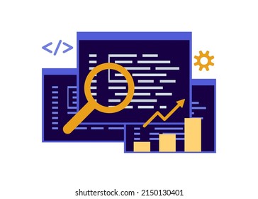 SEO optimization, meta data description. Script coding and programming on language, hypertext code. Search engine optimization and analytics tags on web. Search screen with magnifier. Vector