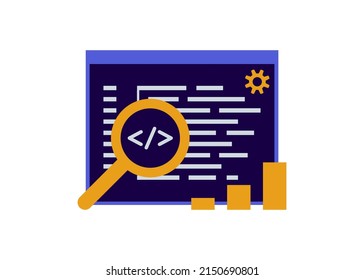 SEO optimization, meta data description. Script coding and programming on language, hypertext code. Search engine optimization and analytics tags on web. Search screen with magnifier. Vector